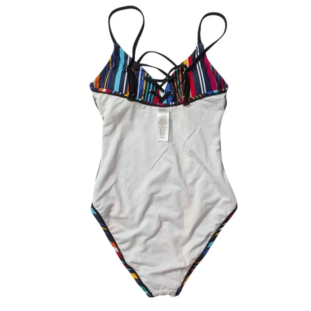 Nautica Womens Slimming Lace Up One Piece Swimsuit Multicolor‎ Stripe Small NWT